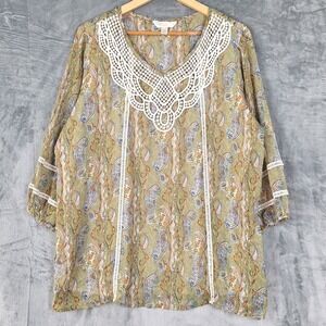 Womens Top XXL Green Boho Chic Paisley Floral Hippie Retro Peasant Crochet Tunic